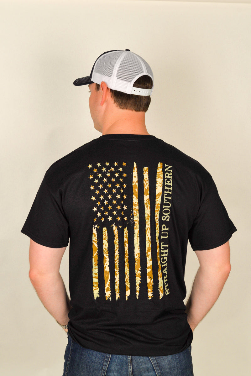 US Camo Flag Camouflage American Flag T Shirt Black