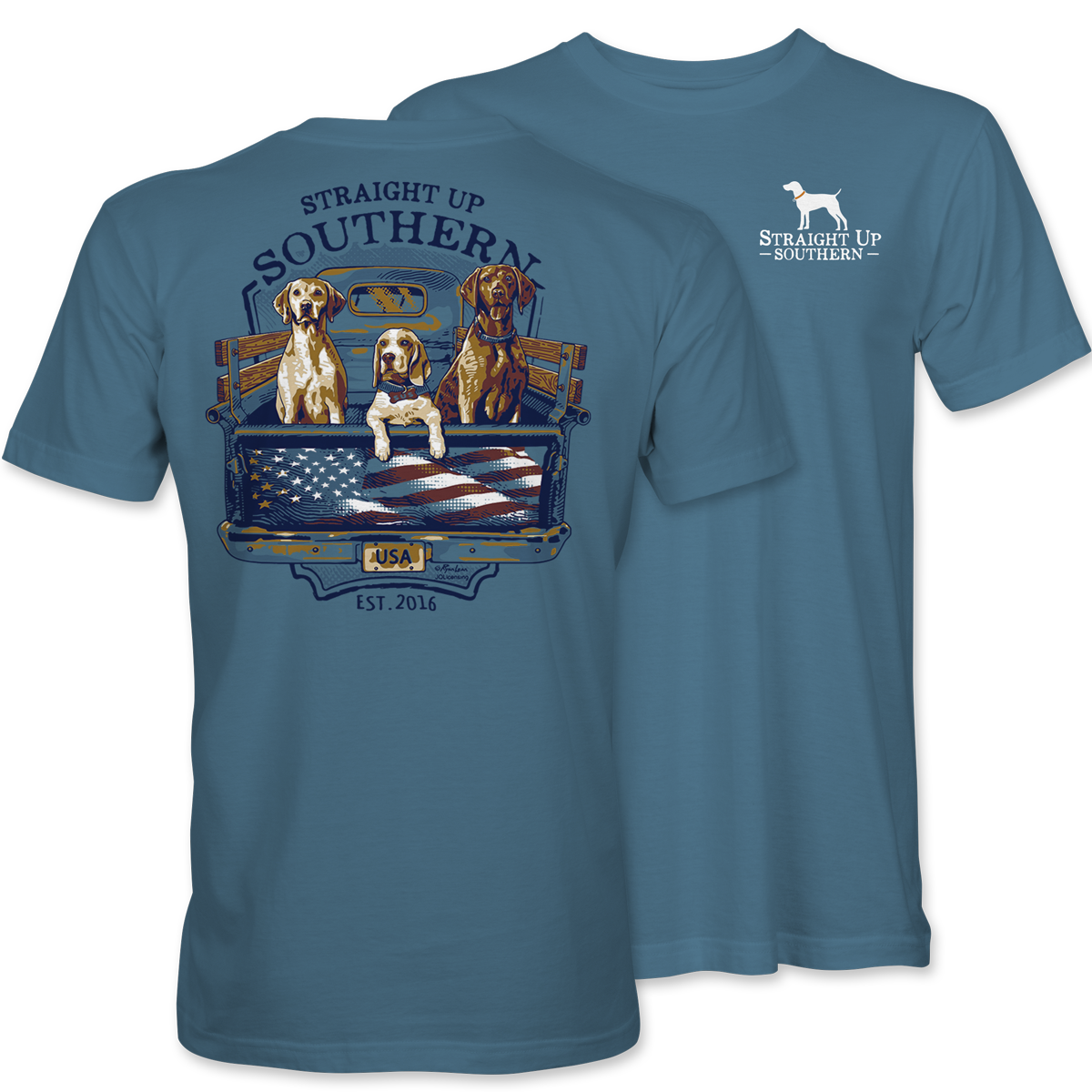 USA Truck Dogs - Southern Dogs and American Flag T-Shirt - Blue