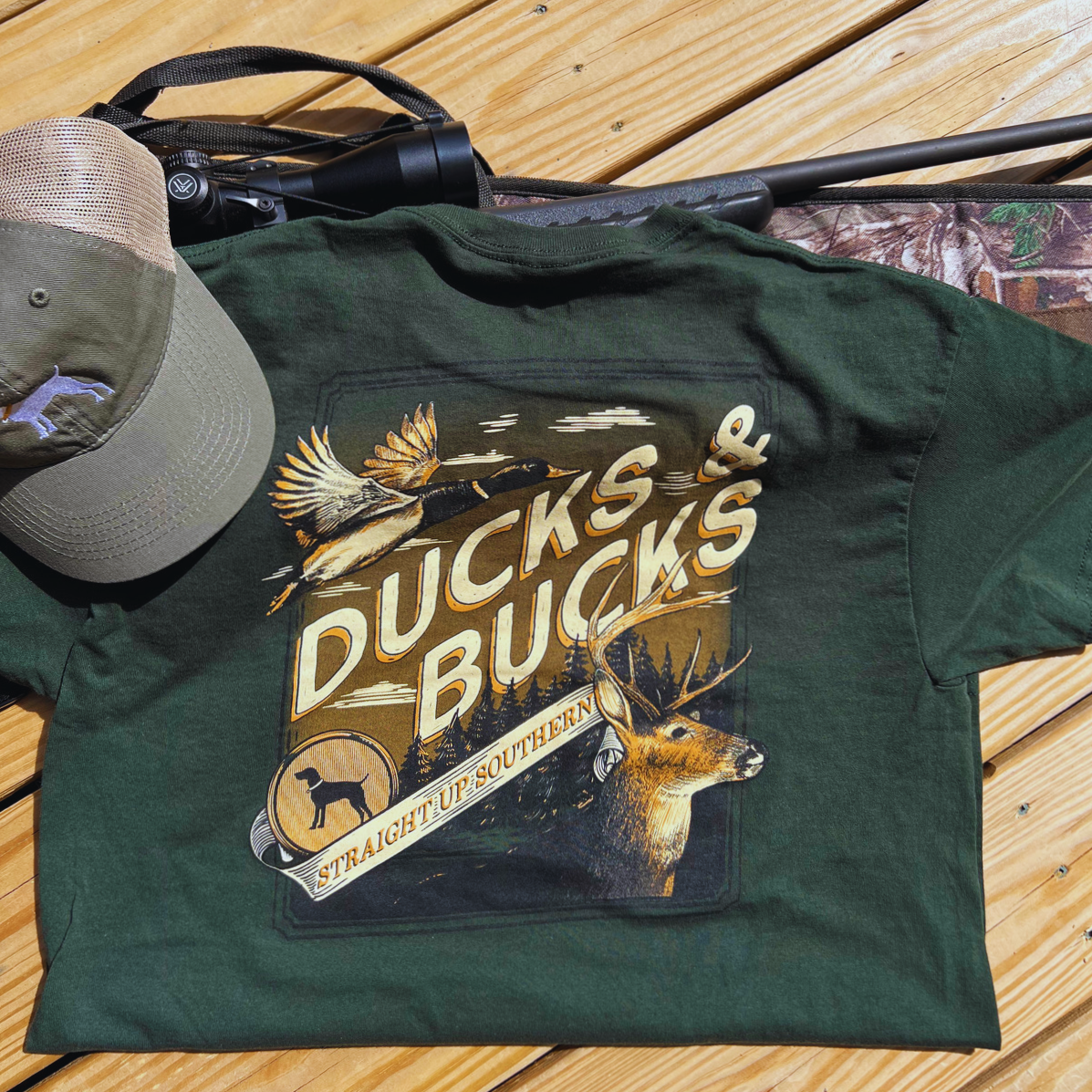 Ducks and Bucks - Mallard Duck and Whitetail Buck Hunting T-Shirt - Green