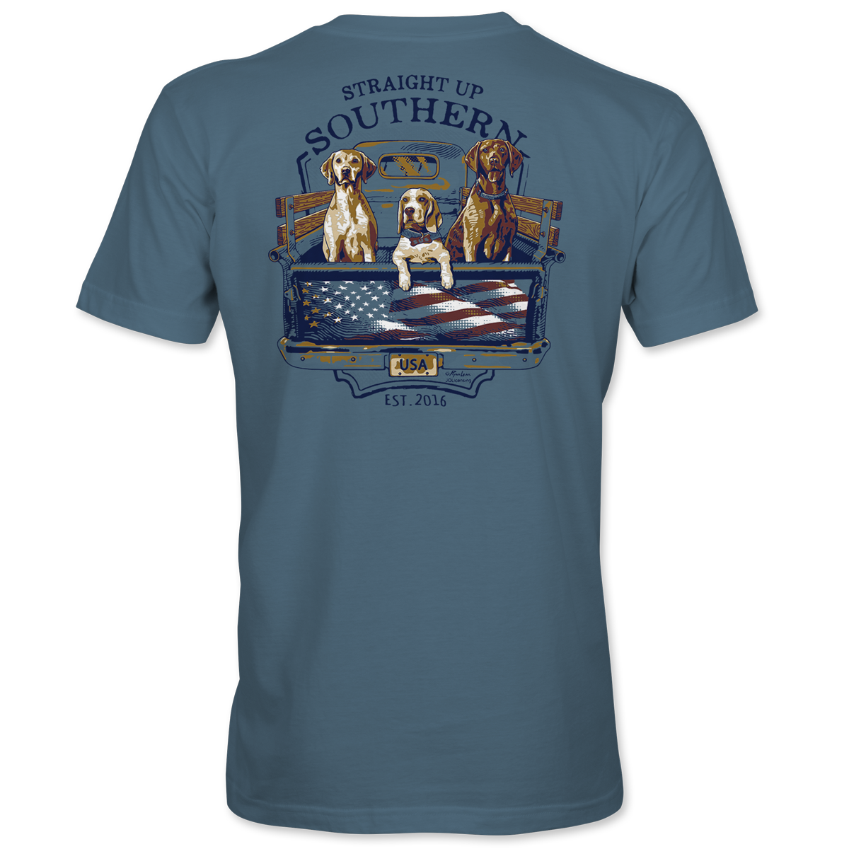 USA Truck Dogs - Southern Dogs and American Flag T-Shirt Pocket T-Shirt - Blue