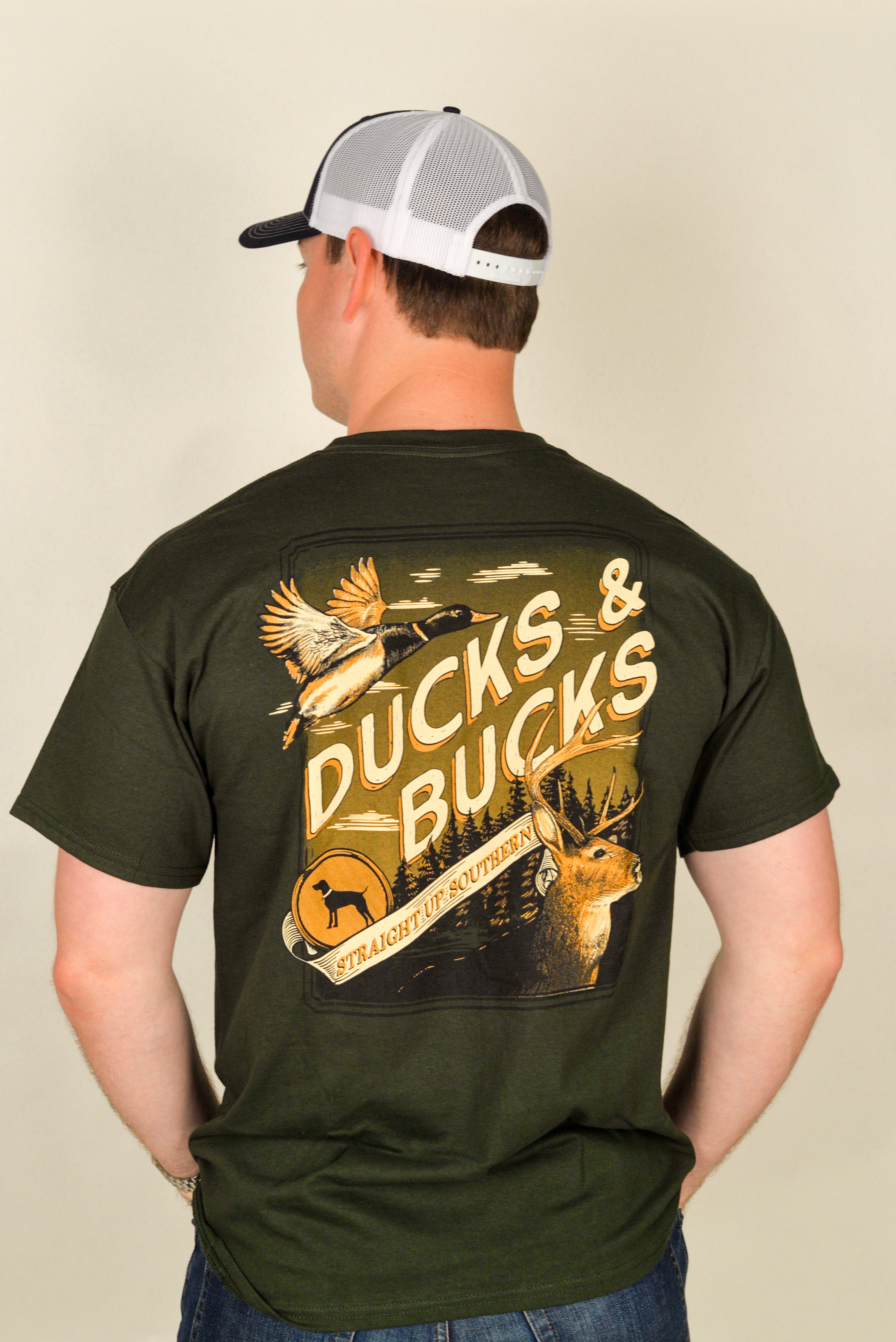Ducks and Bucks - Mallard Duck and Whitetail Buck Hunting T-Shirt - Green
