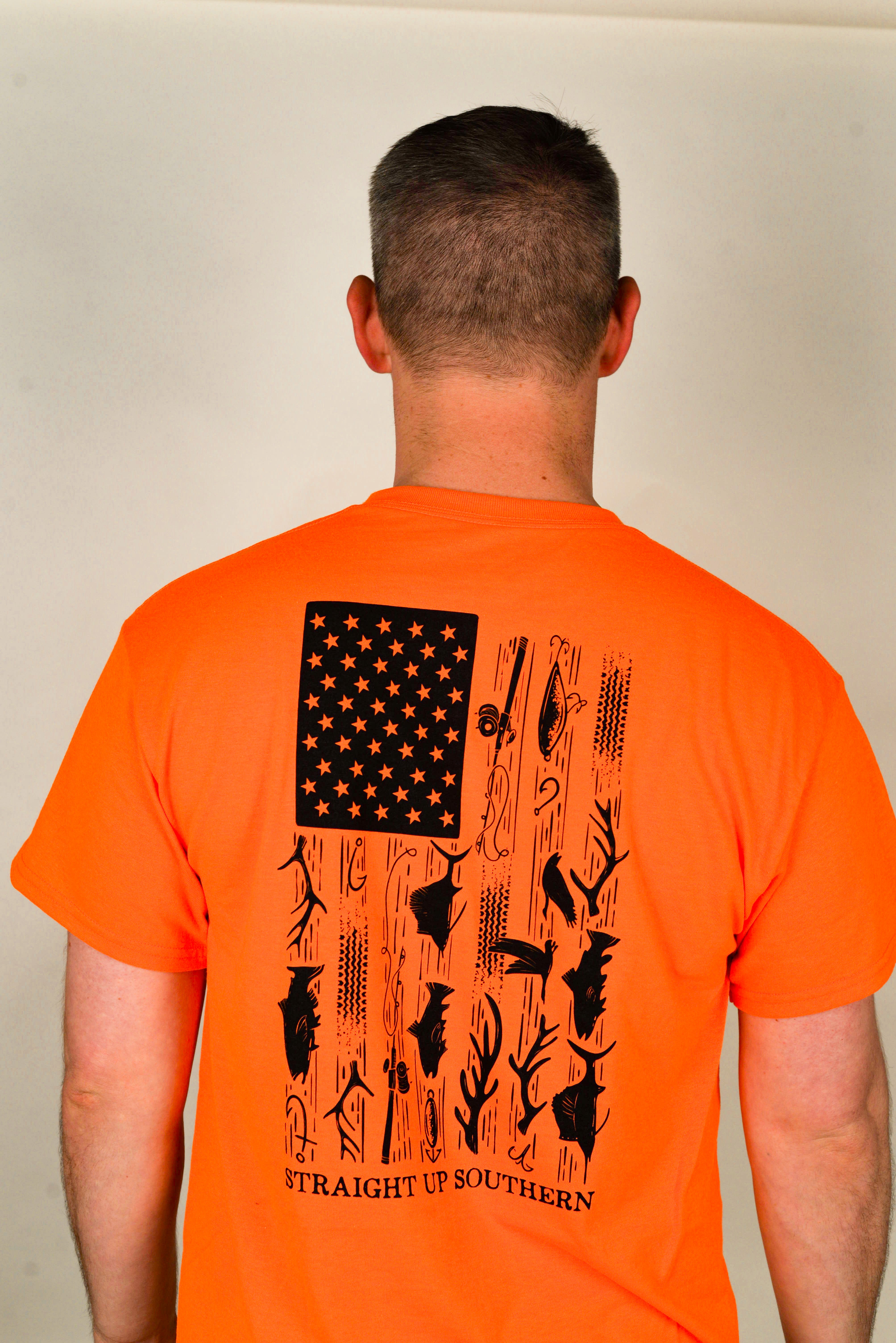 Hunt Fish Flag - American Flag with Hunting and Fishing Icons on Safety Orange T-Shirt