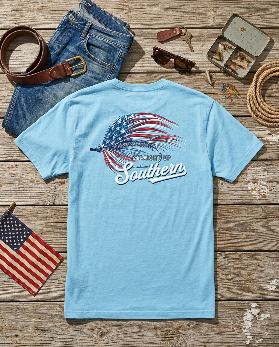 American Flag Fly Fishing T-Shirt | American Lure Tee by Straight Up Southern 2XL American Flag Fly Fishing T-Shirt | American Lure Tee by Straight Up Southern 2XL