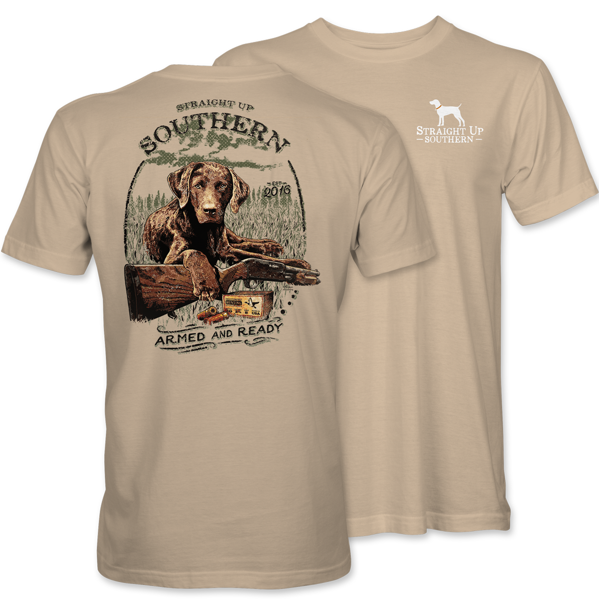 Southern Men's Hunting TShirt Armed and Ready Tan Straight Up