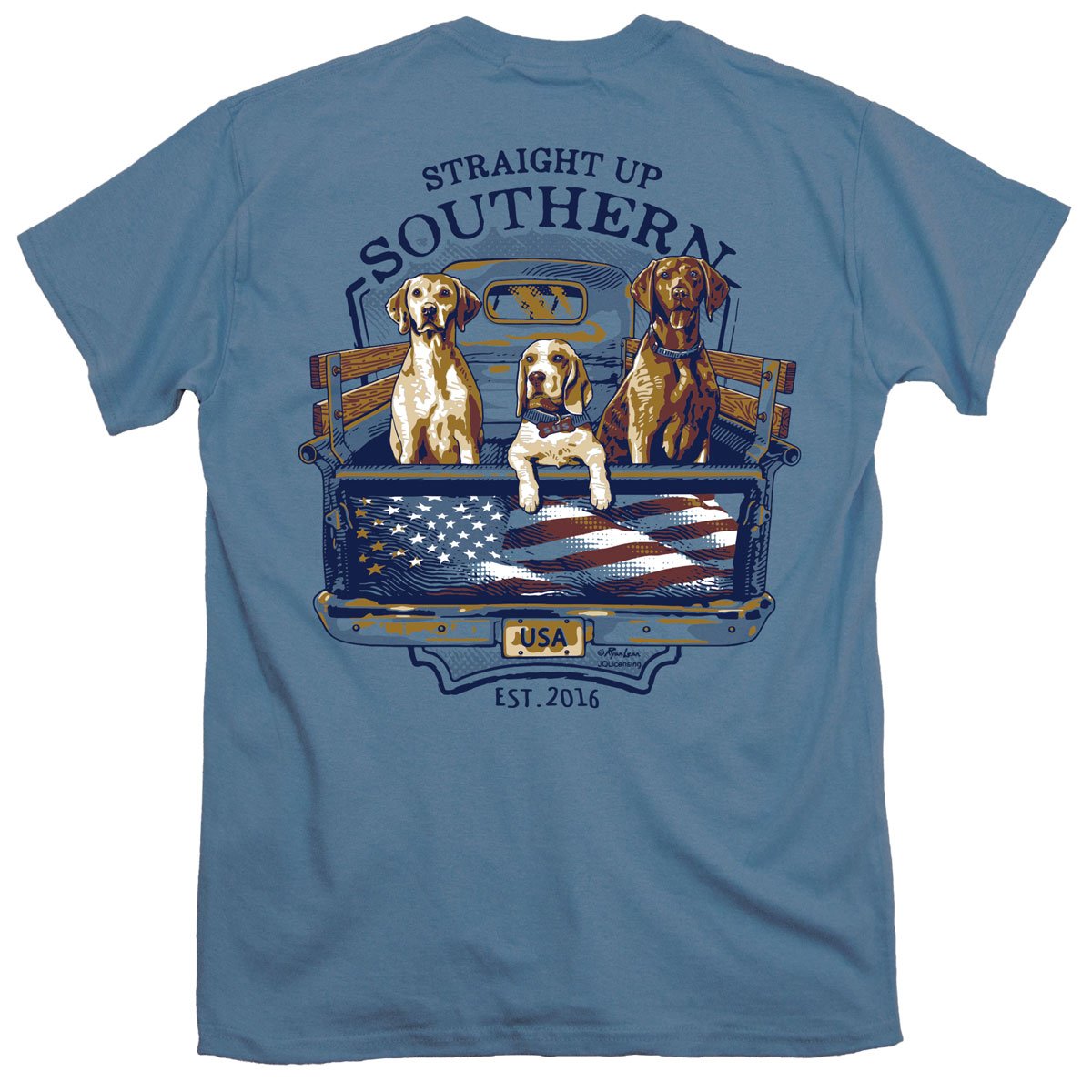 USA Truck Dogs - Southern Dogs and American Flag T-Shirt - Blue