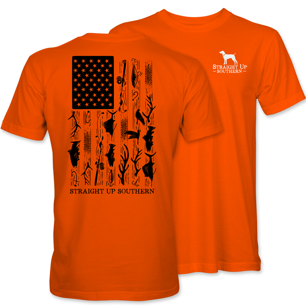 Hunt Fish Flag - American Flag with Hunting and Fishing Icons on Safety Orange T-Shirt