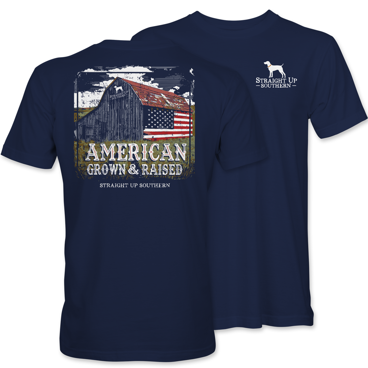 American Grown Barn - Rustic Barn with American Flag T-Shirt - Navy